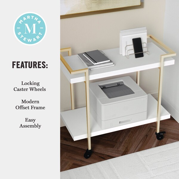 Martha Stewart Liam 2-Tier White Mobile Office Storage and Printer Cart w/Polished Brass Frame - NAN-JH-17107-WH-GLD-MS