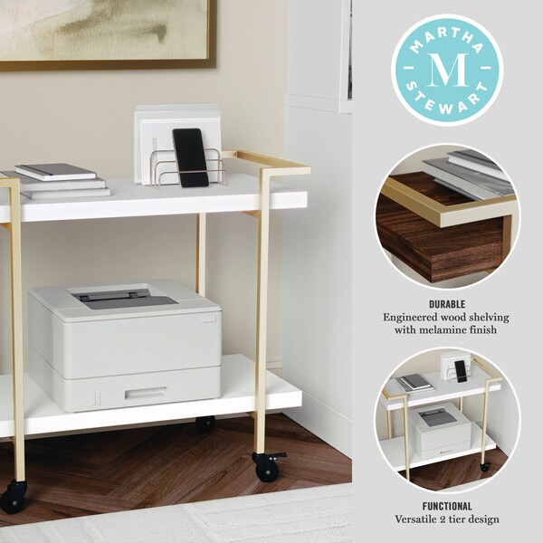Martha Stewart Liam 2-Tier White Mobile Office Storage and Printer Cart w/Polished Brass Frame - NAN-JH-17107-WH-GLD-MS