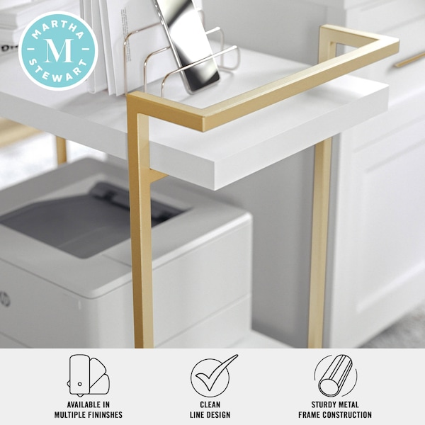 Martha Stewart Liam 2-Tier White Mobile Office Storage and Printer Cart w/Polished Brass Frame - NAN-JH-17107-WH-GLD-MS