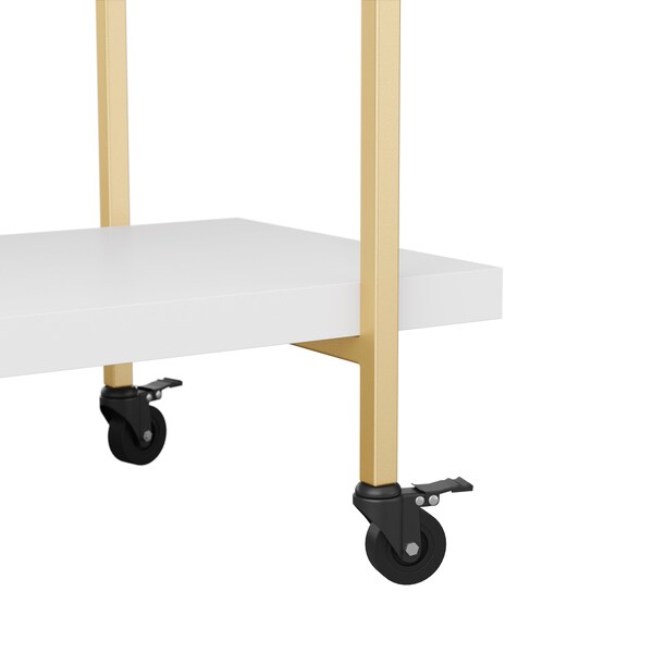 Martha Stewart Liam 2-Tier White Mobile Office Storage and Printer Cart w/Polished Brass Frame - NAN-JH-17107-WH-GLD-MS