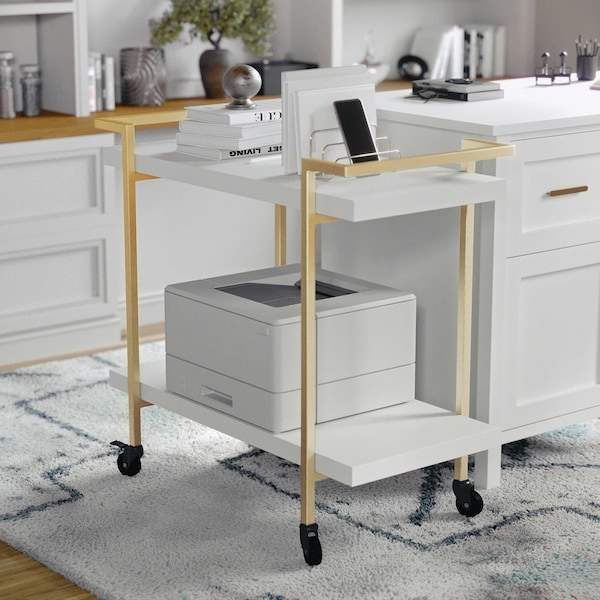 Martha Stewart Liam 2-Tier White Mobile Office Storage and Printer Cart w/Polished Brass Frame - NAN-JH-17107-WH-GLD-MS