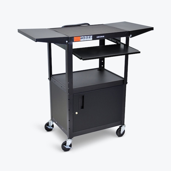 Luxor Adjust-Height Steel AV Cart, Pullout Keyboard Tray, Cabinet, Drop Leaf - AVJ42KBCDL