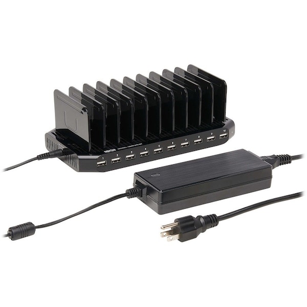 Tripp Lite USB Charging Station, 10-Port, 9-2/5"Wx5-3/10"Dx1"H, Black - TRPU280010ST