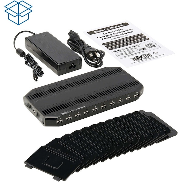 Tripp Lite USB Charging Station, 10-Port, 9-2/5"Wx5-3/10"Dx1"H, Black - TRPU280010ST