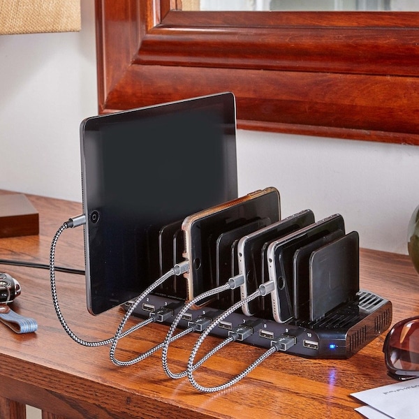 Tripp Lite USB Charging Station, 10-Port, 9-2/5"Wx5-3/10"Dx1"H, Black - TRPU280010ST