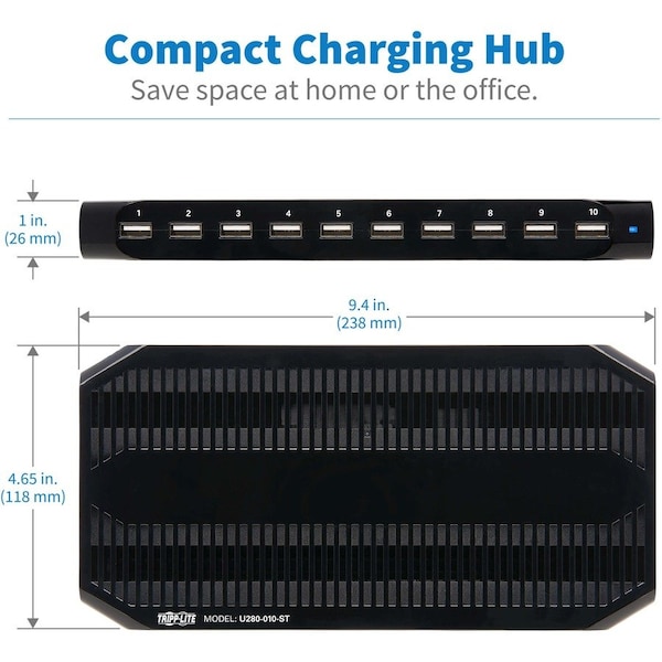 Tripp Lite USB Charging Station, 10-Port, 9-2/5"Wx5-3/10"Dx1"H, Black - TRPU280010ST