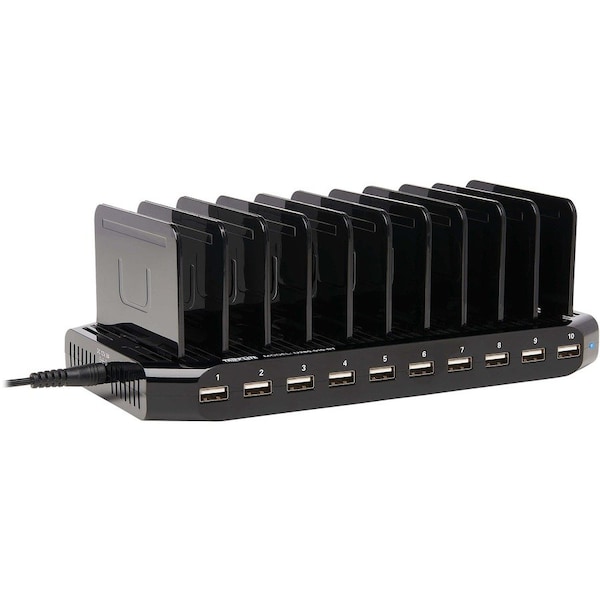 Tripp Lite USB Charging Station, 10-Port, 9-2/5"Wx5-3/10"Dx1"H, Black - TRPU280010ST