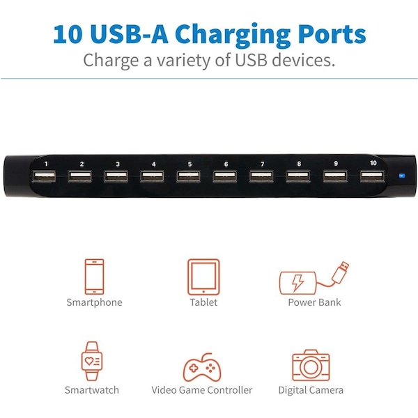 Tripp Lite USB Charging Station, 10-Port, 9-2/5"Wx5-3/10"Dx1"H, Black - TRPU280010ST