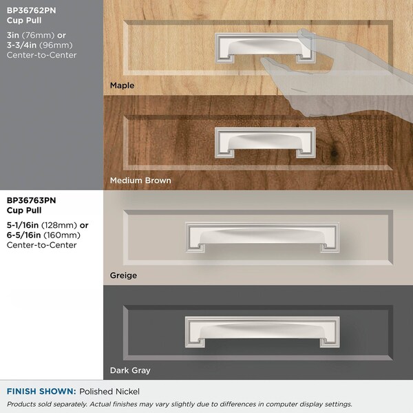Amerock Appoint 3 inch or 3-3/4 inch 76mm or 96mm Center-to-Center Polished Nickel Cabinet Cup Pull - BP36762PN