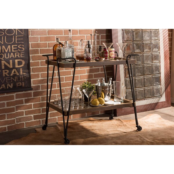 Baxton Studio Jessica Black Finish Metal Distressed Ash Wood Mobile Serving Bar Cart - 121-6650