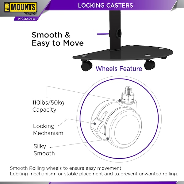 Promounts Mobile TV Cart with Swivel Mount for TVs 37 in. - 72 in. Up to 88 lbs, Black - PFCS6401-B