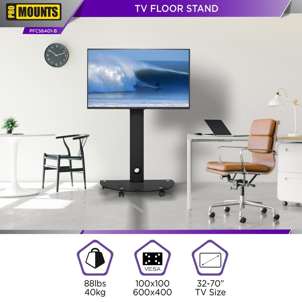 Promounts Mobile TV Cart with Swivel Mount for TVs 37 in. - 72 in. Up to 88 lbs, Black - PFCS6401-B