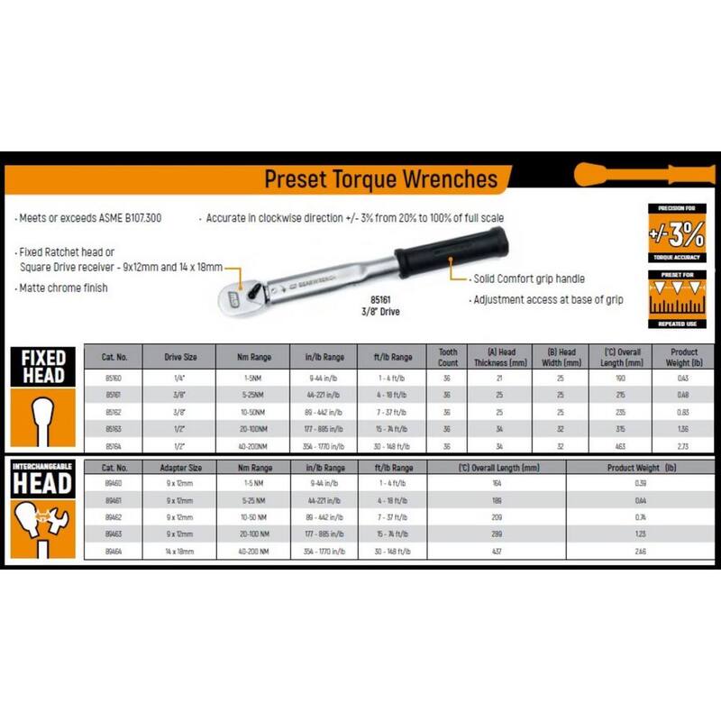 GEARWRENCH 9 mm x 12 mm Preset Interchangeable Head Torque Wrench (20-100 Nm) - 89463