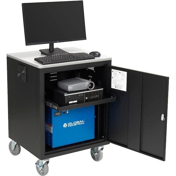 Global Industrial Mobile Powered Audio Visual Cart w/ Lockable Cabinet, 100AH Battery, Black - 241659PBK