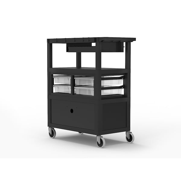 Luxor Teacher Deluxe Cart  32" x 18" - Locking Cabinet, Storage Bins, Keyboard Tray, Hooks, Cup Holder - ECMBSKBC-B