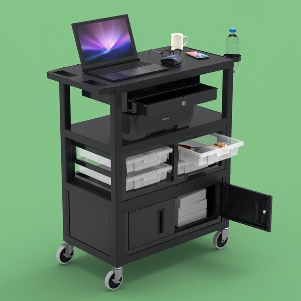 Luxor Teacher Deluxe Cart  32" x 18" - Locking Cabinet, Storage Bins, Keyboard Tray, Hooks, Cup Holder - ECMBSKBC-B