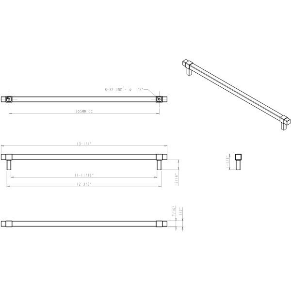 Jeffrey Alexander 305 mm Center-to-Center Polished Chrome Square Zane Cabinet Pull - 293-305PC