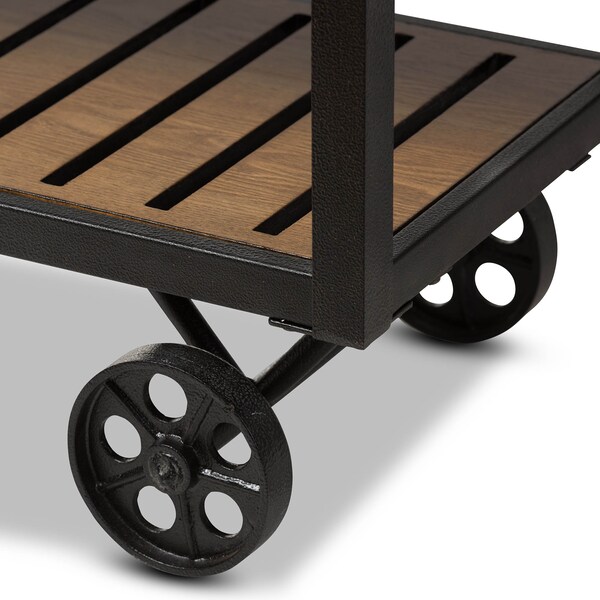 Baxton Studio Kennedy Black Finished Metal Distressed Wood Mobile Serving Cart - 132-7211