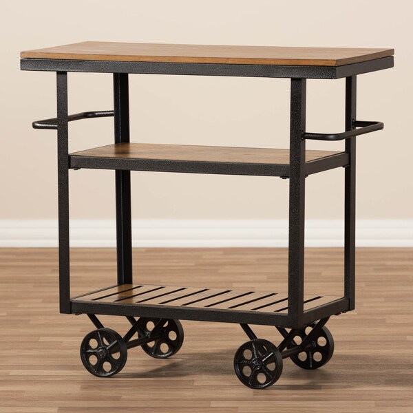 Baxton Studio Kennedy Black Finished Metal Distressed Wood Mobile Serving Cart - 132-7211