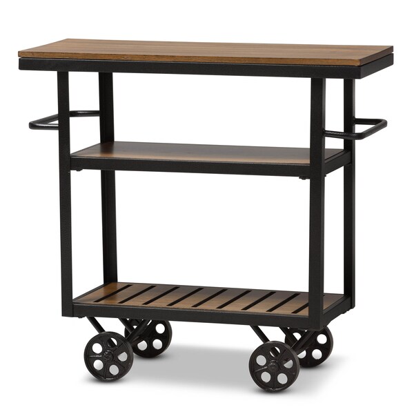 Baxton Studio Kennedy Black Finished Metal Distressed Wood Mobile Serving Cart - 132-7211