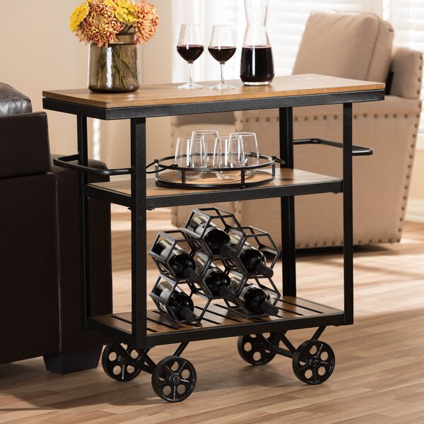 Baxton Studio Kennedy Black Finished Metal Distressed Wood Mobile Serving Cart - 132-7211