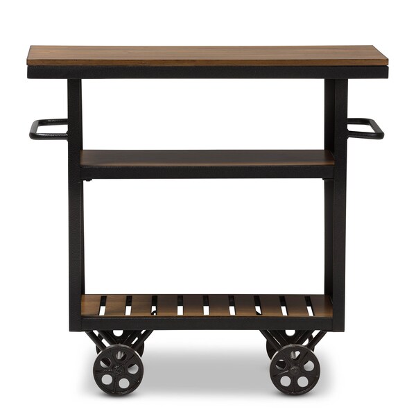 Baxton Studio Kennedy Black Finished Metal Distressed Wood Mobile Serving Cart - 132-7211