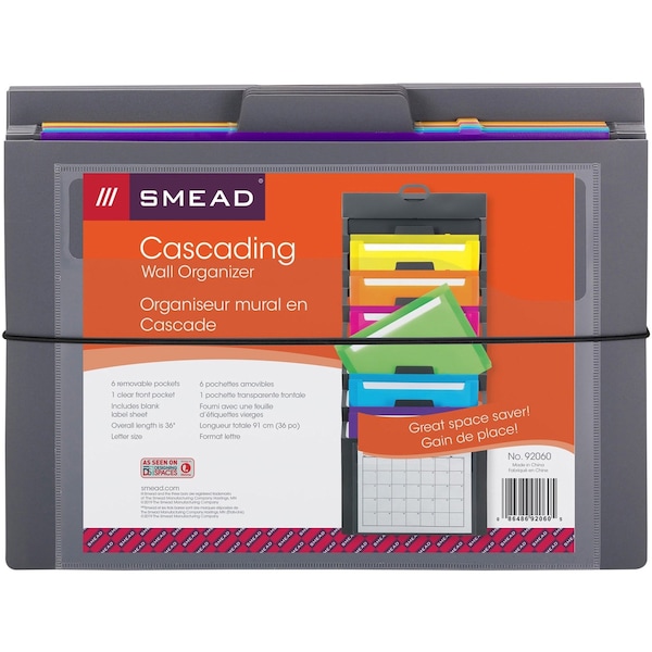 Smead Cascading Wall Organizer, 14 1/4 x 33, Letter, Gray w/6 Color Pockets - 92060