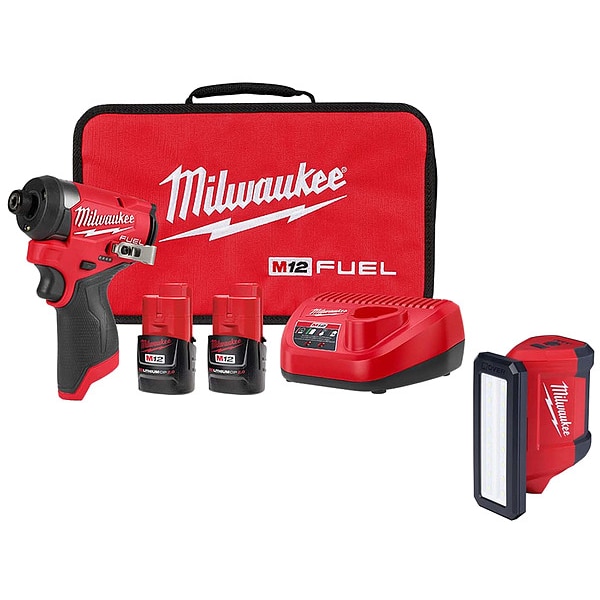 Milwaukee Tool Impact Driver Kit and Light, Drive Size 1/4 in Hex, 12 V, Includes Batteries (2.0 Ah) & Charger - 3453-22, 2367-20