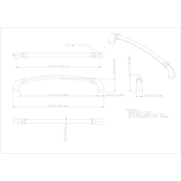 Jeffrey Alexander 192 mm Center-to-Center Brushed Pewter Marie Cabinet Pull - 445-192BNBDL