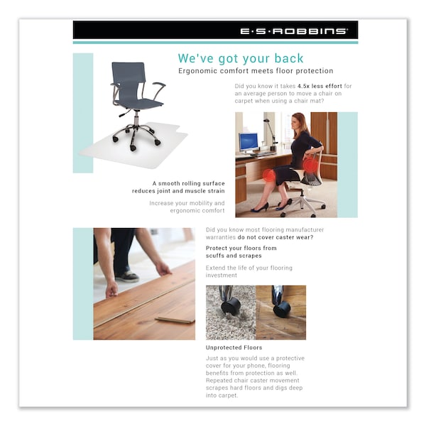 Es Robbins Chair Mat 45"x53", Traditional Lip Shape, Clear, for Hard Floor - 132123