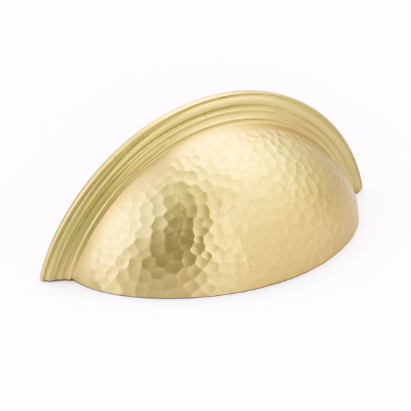 Schaub 3in Center to Center Atherton Hammered Plain Edge Cup Pull Satin Brass Finish - 573-SB
