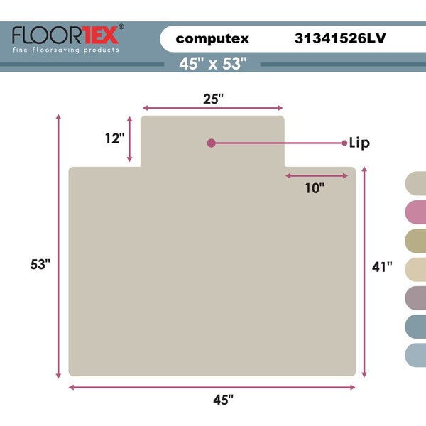 Floortex Chair Mat 45"x53", Traditional Lip Shape, Clear, for Carpet - FR31341526LV