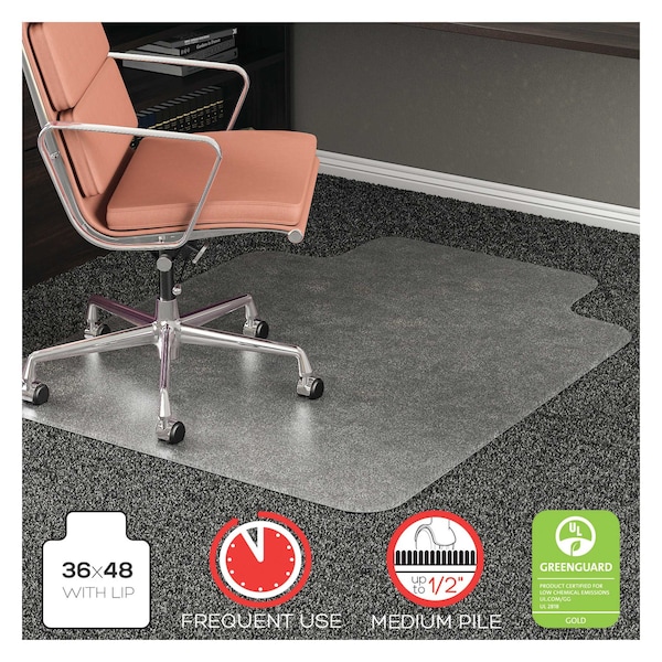 Deflecto Chair Mat 36"x48", Traditional Lip Shape, Clear, for Carpet, Thickness: 1/2" - CM15113