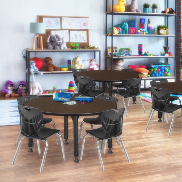 Regency Round Kee Adjustable Classroom Table W/ 4 Andy Stack Chairs, 48 in W, 48 in L, Neo Walnut - TB48RNDNWAPBK45BK