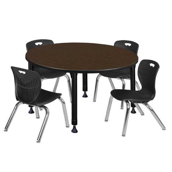 Regency Round Kee Adjustable Classroom Table W/ 4 Andy Stack Chairs, 48 in W, 48 in L, Neo Walnut - TB48RNDNWAPBK45BK