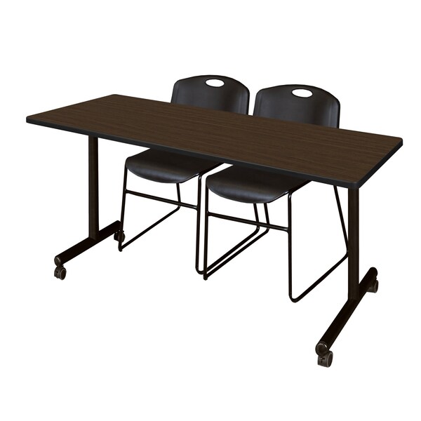 Regency Kobe Mobile T-Base Training Table W/ 2 Zeng Stack Chairs, 72 in W, 24 in L, Neo Walnut - MKTRCC7224NW44BK