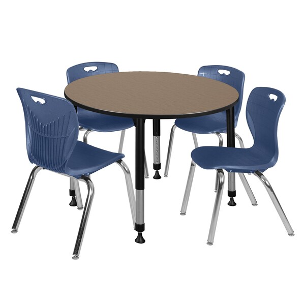 Regency Round Kee Adjustable Classroom Table W/ 4 Andy Stack Chairs, 48 in W, 48 in L, Noble Oak - TB48RNDNOAPBK40NV