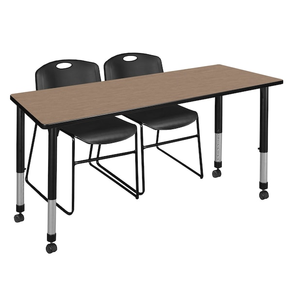 Regency Kee Mobile Adjustable Classroom Table W/ 2 Zeng Stack Chairs, 66 in W, 30 in L, Noble Oak - MT6630NOAPCBK44BK