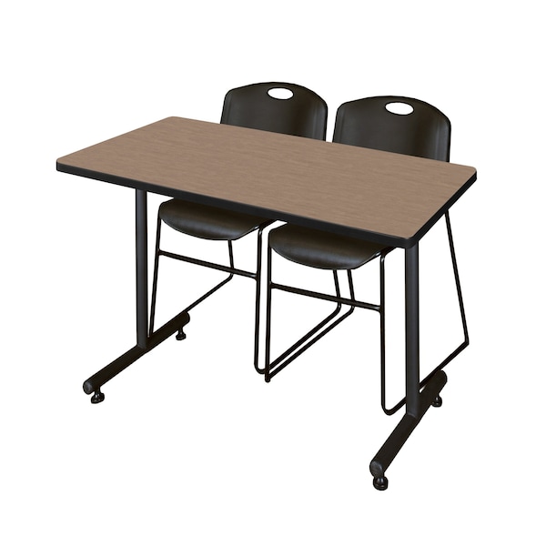 Regency Kobe T-Base Training Seminar Table W/ 2 Zeng Stack Chairs, 48 in W, 30 in L, Noble Oak - MKTRCT4830NO44BK
