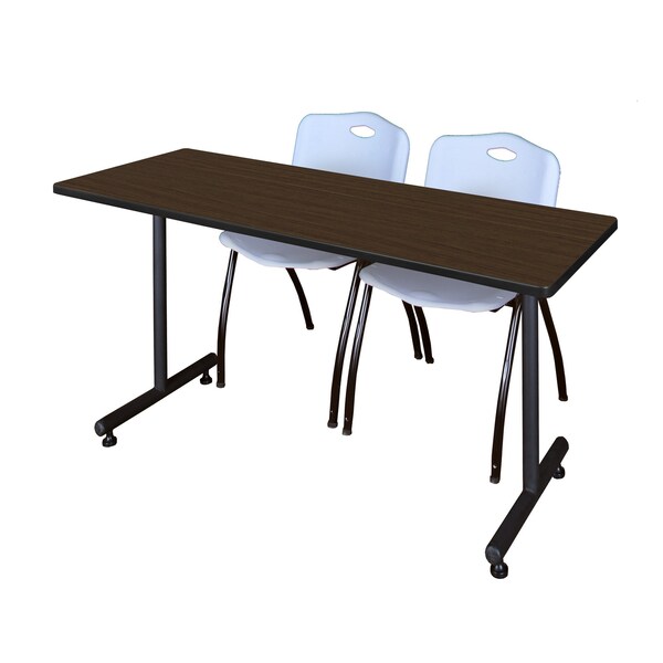 Regency Kobe T-Base Training Seminar Table W/ 2 M Stack Chairs, 66 in W, 24 in L, Neo Walnut - MKTRCT6624NW47GY