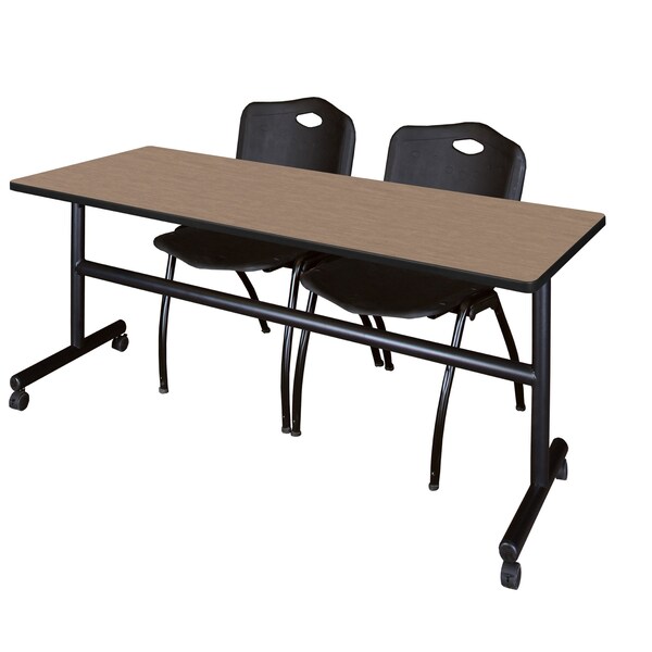 Regency Kobe Flip-Top Training Nesting Table W/ 2 M Stack Chairs, 72 in W, 24 in L, Noble Oak - MKFT7224NO47BK