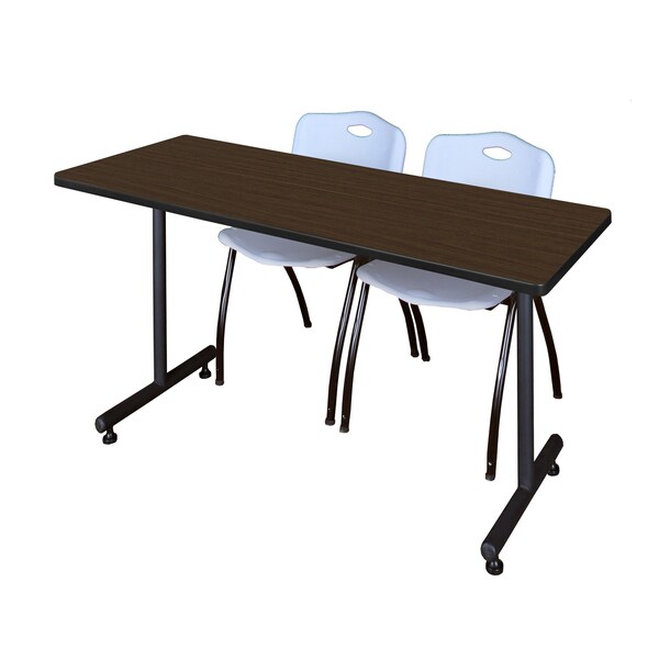 Regency Kobe T-Base Training Seminar Table W/ 2 M Stack Chairs, 66 in W, 30 in L, Neo Walnut - MKTRCT6630NW47GY