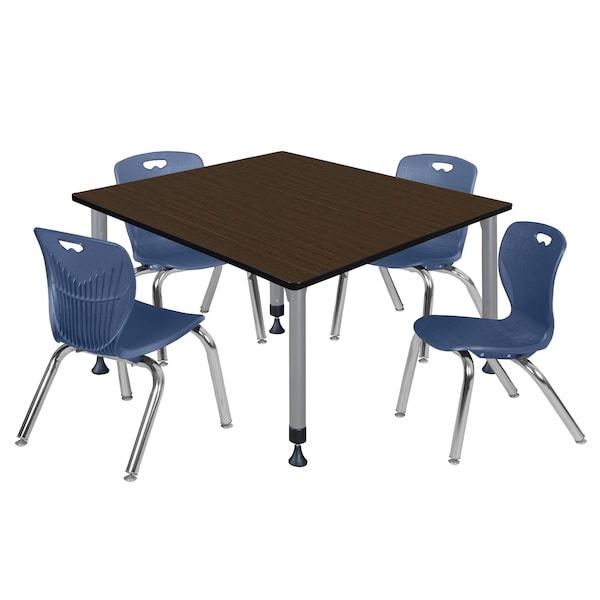 Regency Square Kee Adjustable Classroom Table W/ 4 Andy Stack Chairs, 48 in W, 48 in L, Neo Walnut - TB4848NWAPGY45NV