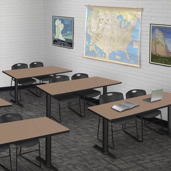Regency Cain T-Base Training Seminar Table W/ 2 Zeng Stack Chairs, 48 in W, 24 in L, Noble Oak - MTRCT4824NO44BK