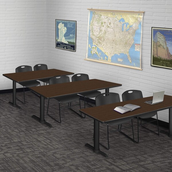 Regency Cain T-Base Training Seminar Table W/ 2 Zeng Stack Chairs, 60 in W, 24 in L, Neo Walnut - MTRCT6024NW44BK