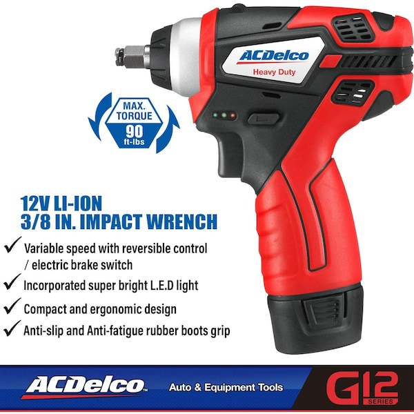 Acdelco G12 3/8" Cordless Impact Wrench 90ft-lbs, 2-Battery Kit - ARI12104P