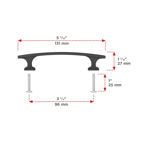 Richelieu 3 3/4-inch (96 mm) Center to Center Matte Black Transitional Cabinet Pull - BP5254096900