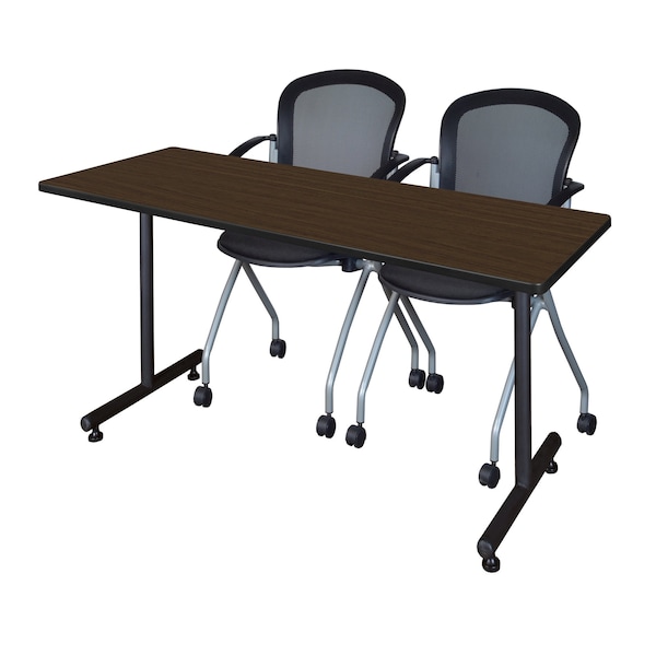 Regency Kobe T-Base Training Seminar Table W/ 2 Cadence Stack Chairs, 66 in W, 24 in L, Neo Walnut - MKTRCT6624NW23BK