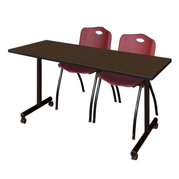 Regency Kobe Mobile T-Base Training Table W/ 2 M Stack Chairs, 66 in W, 24 in L, Neo Walnut - MKTRCC6624NW47BY