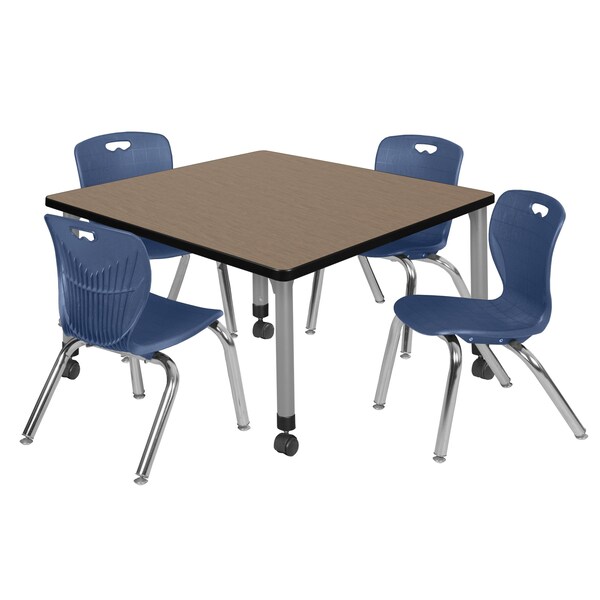 Regency Square Kee Mobile Adjustable Classroom Table W/ 4 Andy Chairs, 36 in W, 36 in L, Noble Oak - TB3636NOAPCGY45NV